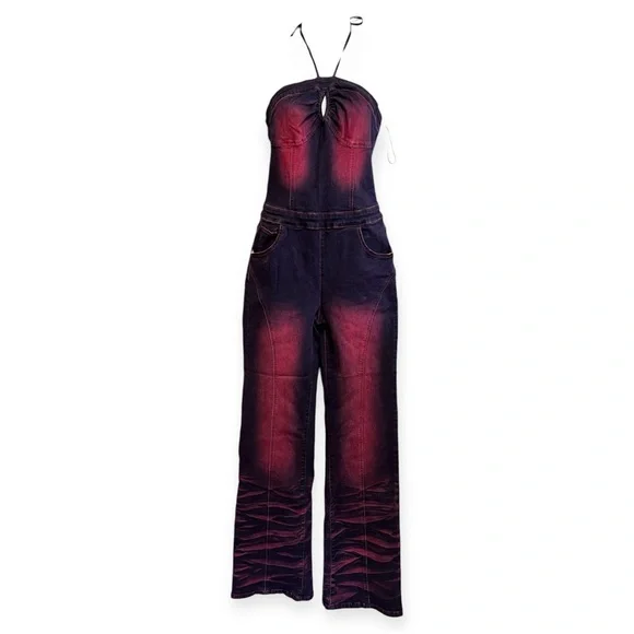 Fashion Nova Women’s More Drama Denim Jumpsuit - Dark Wash Sz Medium RN 149052 - Picture 1 of 16